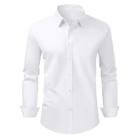 Men's Business Long Sleeve Formal Shirt Silky Non-Iron Solid Color Lapel Single Pocket Button Up Top For Wedding Party Office