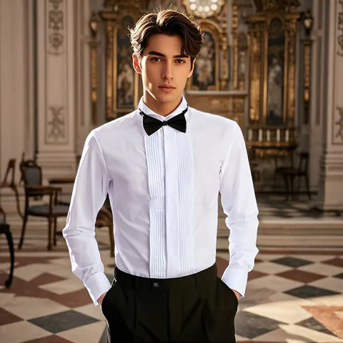 Men Formal Tuxedo Shirt With Wing Collar And Bow Tie Cufflinks Pleated Front Long Sleeve Cotton Blend Top For Wedding Banquet Performance