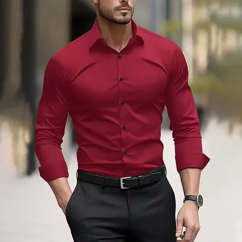 Men's Business Casual Four-Way Stretch Shirt Long Sleeve Polyester Solid Color Non-Iron Slim Fit Dress Shirt Top For Office Daily Wear
