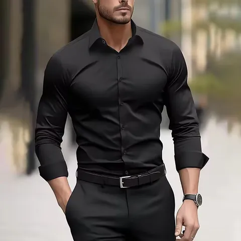 Men's Business Casual Four-Way Stretch Shirt Long Sleeve Polyester Solid Color Non-Iron Slim Fit Dress Shirt Top For Office Daily Wear