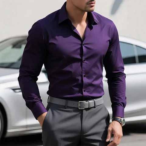 Men Business Casual Long Sleeve Shirt 4-Way Stretch Wrinkle Resistant Solid Color Fitted Button Down Shirt