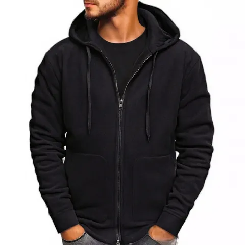 Men's Solid Color Hooded Fleece Sweatshirt Zip Up Cardigan Casual Warm Polar Fleece Jacket Top For Autumn Winter