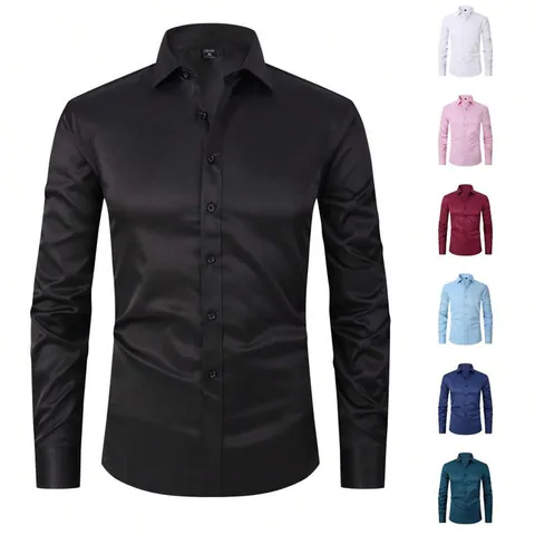 Men Slim Fit Long Sleeve Stretch Shirt Business Casual Anti-Wrinkle Solid Color Formal Dress Shirt Top