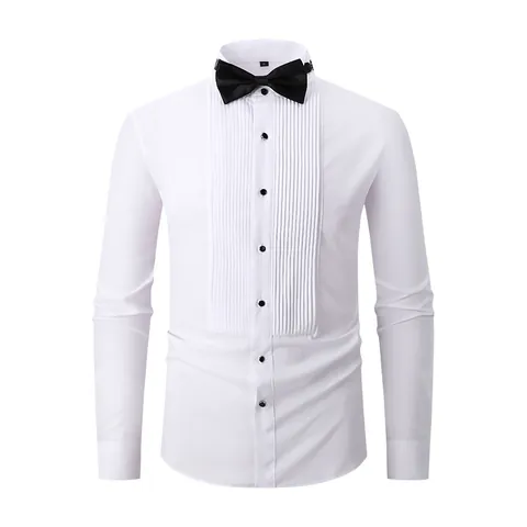 Men's Formal Tuxedo White Shirt Wing Collar Pleated Front Long Sleeve Wedding Groomsmen Shirt With Bowtie Black Studs