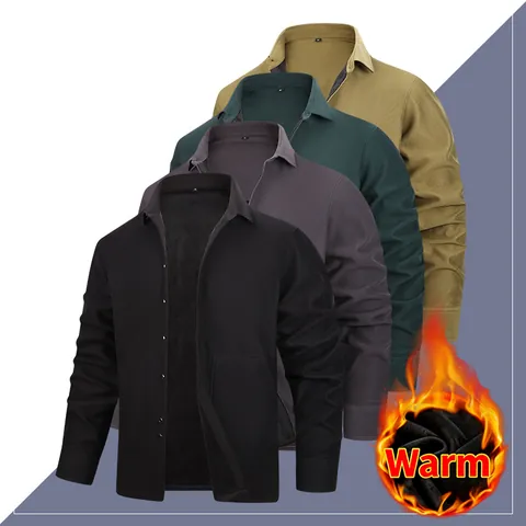 Men's Warm Fleece Lined Shirt Jacket Casual Solid Color Long Sleeve Lapel Button Down Outwear For Winter Fall Top