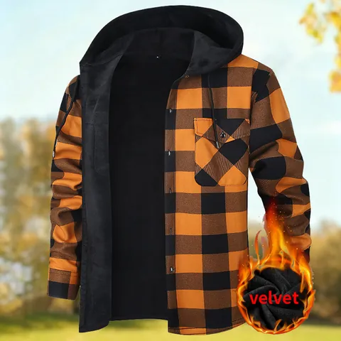 Men Polyester Fleece Lined Plaid Hooded Shirt Jacket Winter Warm Flannel Checkered Long Sleeve Top For Daily Outdoor