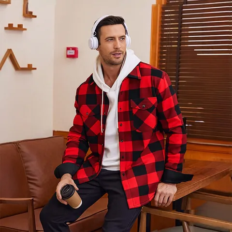 Herren Kariertes Flanellhemd Fleecegefüttert Langarm Lässig Warm Button Down Jacke Dick Gebürstetes Polyester Oberteil