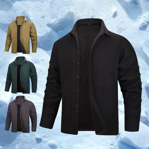 Men's Warm Fleece Lined Shirt Jacket Casual Solid Color Long Sleeve Lapel Button Down Outwear For Winter Fall Top