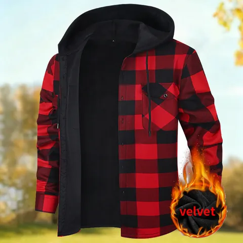 Men Polyester Fleece Lined Plaid Hooded Shirt Jacket Winter Warm Flannel Checkered Long Sleeve Top For Daily Outdoor