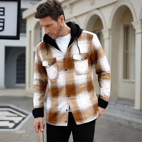 Men Plaid Hooded Shirt Long Sleeve Fleece Lined Top Warm Winter Casual Brushed Jacket Loose Fit Flannel Shacket With Pockets