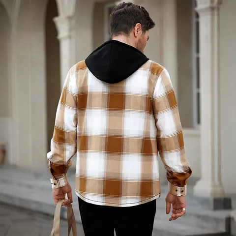 Men Plaid Hooded Shirt Long Sleeve Fleece Lined Top Warm Winter Casual Brushed Jacket Loose Fit Flannel Shacket With Pockets