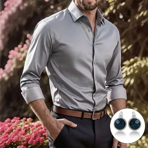 Men's Business Long Sleeve French Cuff Shirt Four-Way Stretch Wrinkle-Resistant Regular Fit Solid Color Formal Shirt For Men With Cufflinks