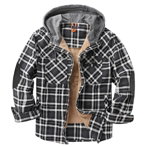 Men Plaid Hooded Flannel Jacket With Sherpa Lining Long Sleeve Button Down Shirt Coat Vintage Heavyweight Thermal Outwear For Winter
