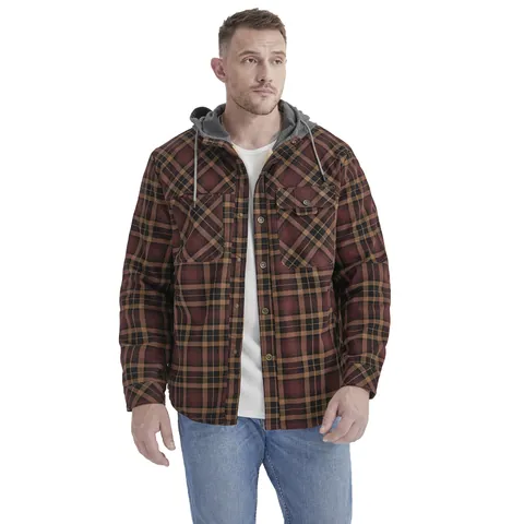 Men Plaid Hooded Jacket Fleece Lined Heavyweight Shirt Jacket Warm Winter Outerwear Casual Top With Elbow Patches