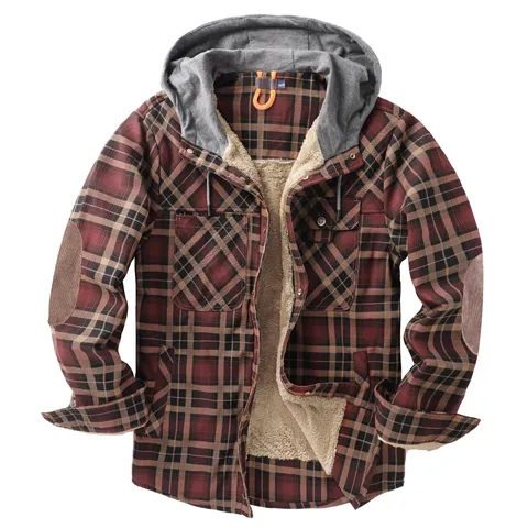 Men Plaid Hooded Flannel Jacket With Sherpa Lining Long Sleeve Button Down Shirt Coat Vintage Heavyweight Thermal Outwear For Winter