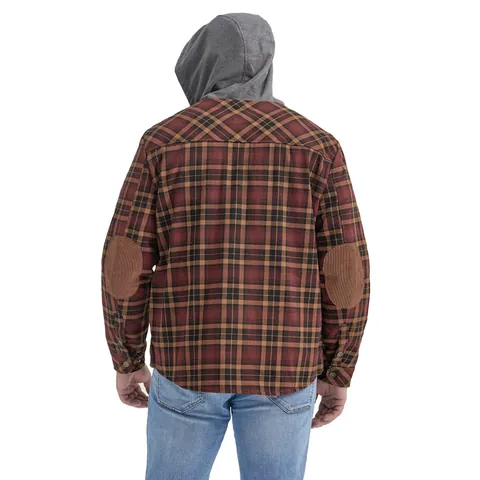 Men Plaid Hooded Jacket Fleece Lined Heavyweight Shirt Jacket Warm Winter Outerwear Casual Top With Elbow Patches