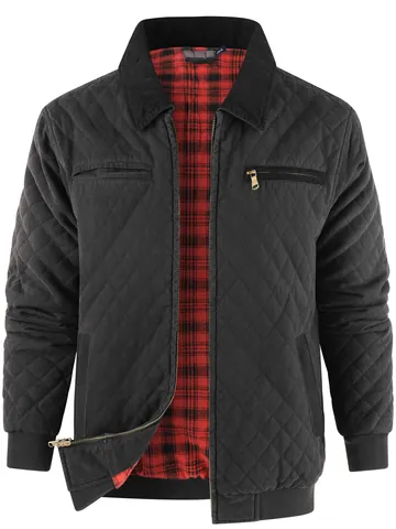 Men's Detroit Style Quilted Cotton Duck Canvas Jacket With Flannel Lining Corduroy Collar Heavy Duty Workwear Winter Coat Top