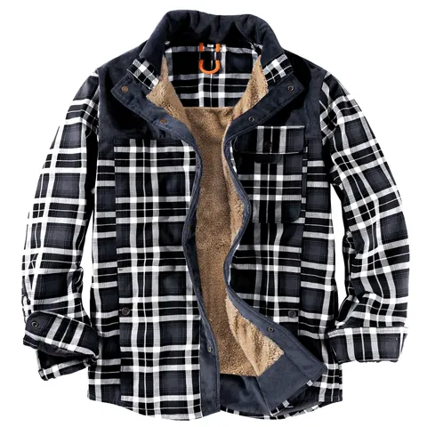 Men Retro Plaid Fleece Lined Shirt Jacket Winter Warm Cotton Outerwear Corduroy Patchwork Button Top Coat