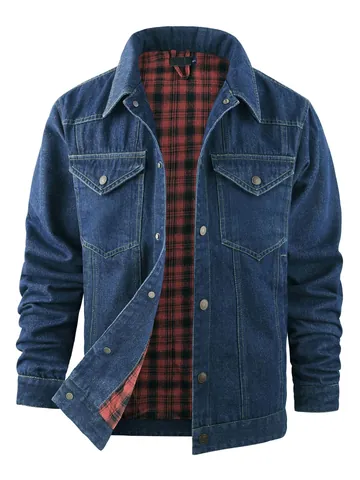 Herren Western Flanellgefütterte Denim Trucker Jacke Distressed Baumwolle Casual Arbeitsmantel Langarm Top Mit Taschen