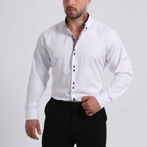 Men's Business Casual Long Sleeve Shirt Stretch Non-Iron Contrast Color Block Button Down Dress Shirt Top