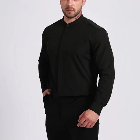 Men's Minimalist Stand Collar Long Sleeve Shirt Slim Fit Four-Way Stretch Business Casual Iron-Free Solid Color Polyester Shirt Top