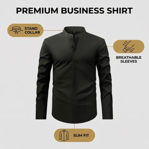 Men's Minimalist Stand Collar Long Sleeve Shirt Slim Fit Four-Way Stretch Business Casual Iron-Free Solid Color Polyester Shirt Top