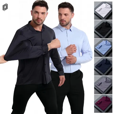 Men's Business Long Sleeve Shirt High Stretch Non-Iron Cooling Sun Protection Seamless Slim Fit Casual Dress Top
