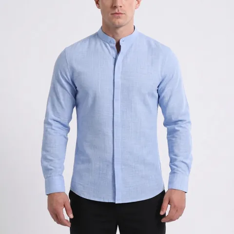 Men Stand Collar Shirt Imitation Linen Texture Long Sleeve Slim Fit Wrinkle Resistant Breathable Business Casual Top