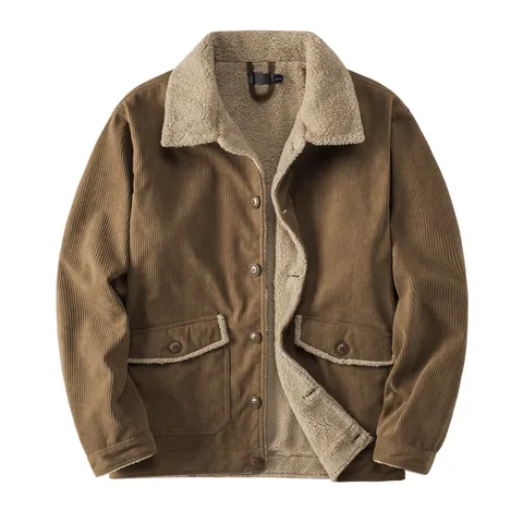 Men American Vintage Corduroy Jacket Sherpa Lined Winter Warm Thick Fleece Outerwear Loose Fit Lapel Button Top