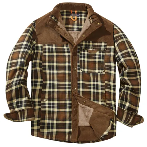 Men Retro Plaid Fleece Lined Shirt Jacket Winter Warm Cotton Outerwear Corduroy Patchwork Button Top Coat