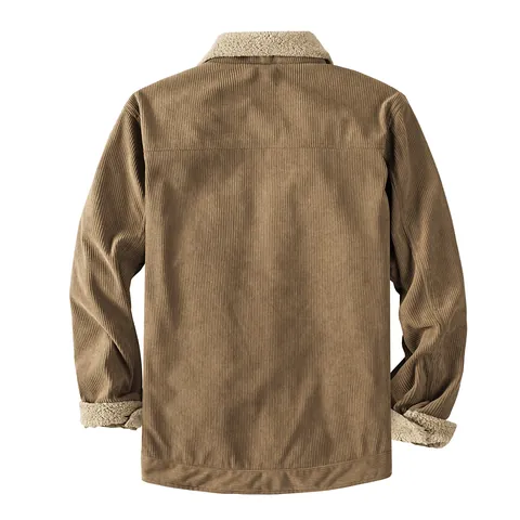 Men American Vintage Corduroy Jacket Sherpa Lined Winter Warm Thick Fleece Outerwear Loose Fit Lapel Button Top