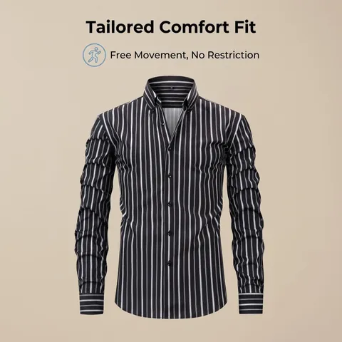 Men's Smart Casual Long Sleeve Striped Dress Shirt Digital Printed Four-Way Stretch Non-Iron Lapel Business Commute Shirt