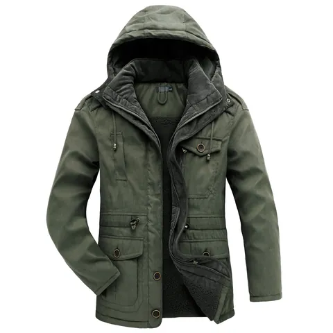 Men Mid-Length Sherpa Lined Parka Jacket Hooded Multi-Pocket Padded Coat For Winter Warm Windproof Workwear Outwear