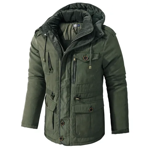Men Mid-Length Sherpa Lined Hooded Jacket Thick Multi-pocket Workwear Polyester Top Winter Warm Casual Outerwear Parka
