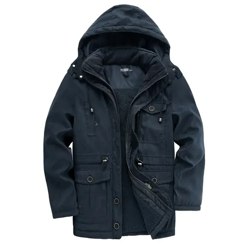 Men's Winter Thickened Parka Coat Solid Color Sherpa Lined Hooded Jacket Mid Length Multi Pocket Outdoor Workwear Top