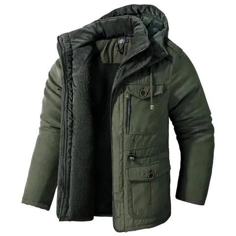 Men Mid-Length Sherpa Lined Hooded Jacket Thick Multi-pocket Workwear Polyester Top Winter Warm Casual Outerwear Parka