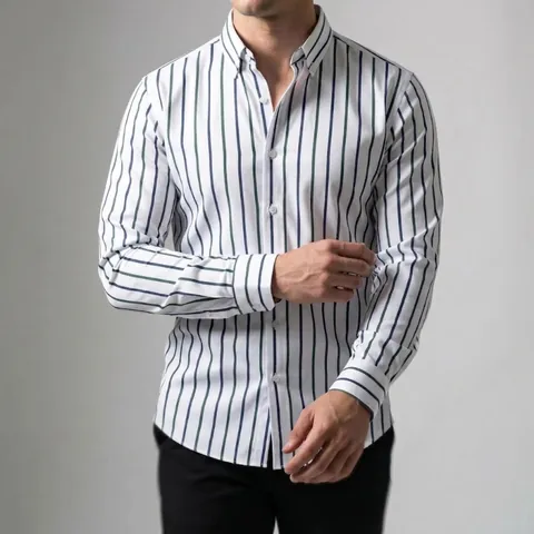 Men's Business Casual Digital Print Striped Long Sleeve Turn-down Collar Shirt Four-way Stretch Slim Fit Non-Iron Top
