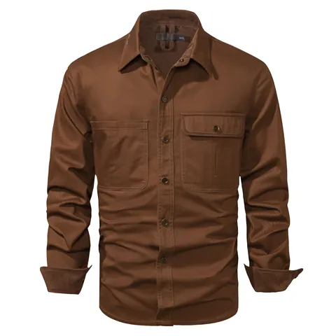 Men's Workwear Washed Cotton Shirt Long Sleeve Casual Button Down Top With Corduroy Patchwork Contrast Trim Pocket Shirt