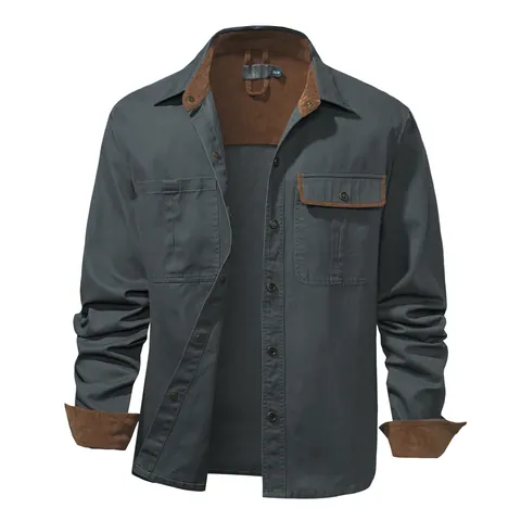 Men Retro Washed Cotton Long Sleeve Shirt Corduroy Patchwork Loose Fit Workwear Casual Top With Metal Buttons