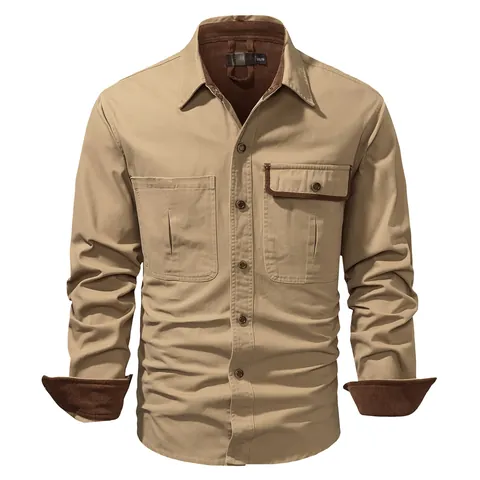 Men's Workwear Washed Cotton Shirt Long Sleeve Casual Button Down Top With Corduroy Patchwork Contrast Trim Pocket Shirt