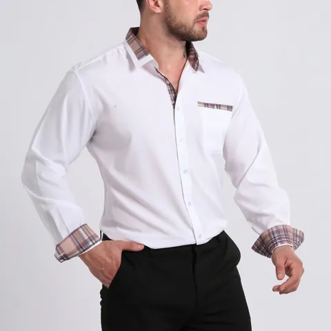 Men Long Sleeve Business Shirt Contrast Plaid Collar Non Iron Stretch Polyester Spandex Patchwork Fashion Casual Top