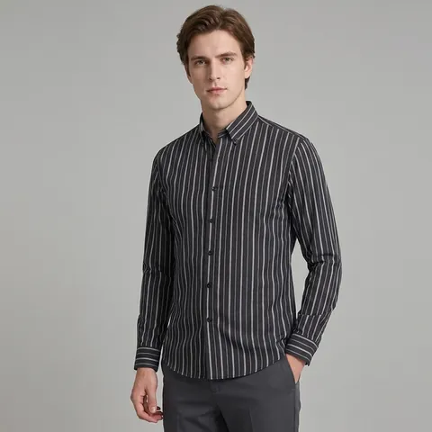 Men's Smart Casual Long Sleeve Striped Dress Shirt Digital Printed Four-Way Stretch Non-Iron Lapel Business Commute Shirt