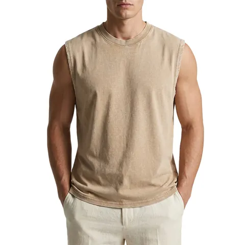 Men American Retro 230G Cotton Washed Distressed Crew Neck Sleeveless T-Shirt Streetwear Vest Tank Top Casual Loose Top