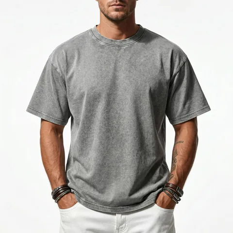 Men American Retro Washed Distressed Heavy Cotton T-Shirt Oversized Loose Fit Summer Short Sleeve Youth Top