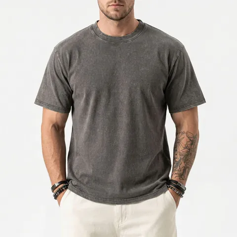 Men's American Retro Heavyweight Washed Distressed T-Shirt Pure Cotton Round Neck Drop Shoulder Short Sleeve Top