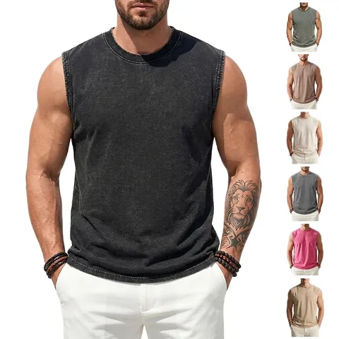 Men American Retro 230G Cotton Washed Distressed Crew Neck Sleeveless T-Shirt Streetwear Vest Tank Top Casual Loose Top
