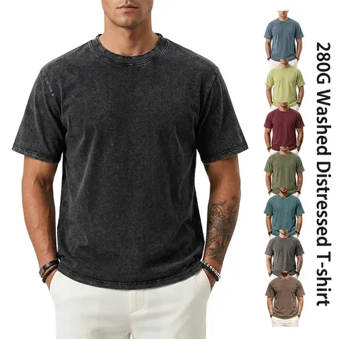 Men's American Retro Heavyweight Washed Distressed T-Shirt Pure Cotton Round Neck Drop Shoulder Short Sleeve Top