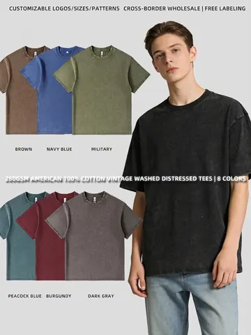 American Retro 280G Heavyweight Cotton Washed Distressed T-Shirt For Men Women Oversized Loose Fit Crew Neck Short Sleeve Top
