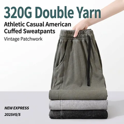 American Retro Men Sweatpants Heavyweight Cotton Double Yarn Washed Distressed Joggers Casual Loose Bottom For Men