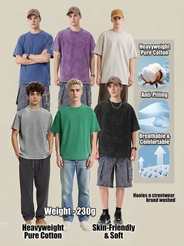 T-Shirt Heavyweight en Coton Lavé Vintage Vieilli pour Hommes Femmes Oversize Col Rond Snow Wash Manches Courtes Décontracté Streetwear Top